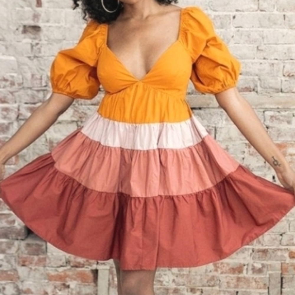 Moodie Off Shoulder Puffed Balloon Sleeve Baby Doll Color Block V-neck Dress M